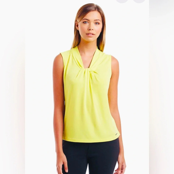 Calvin Klein petite sleeveless blouse knot neckline SZ PXL chartreuse yellow - Picture 1 of 10